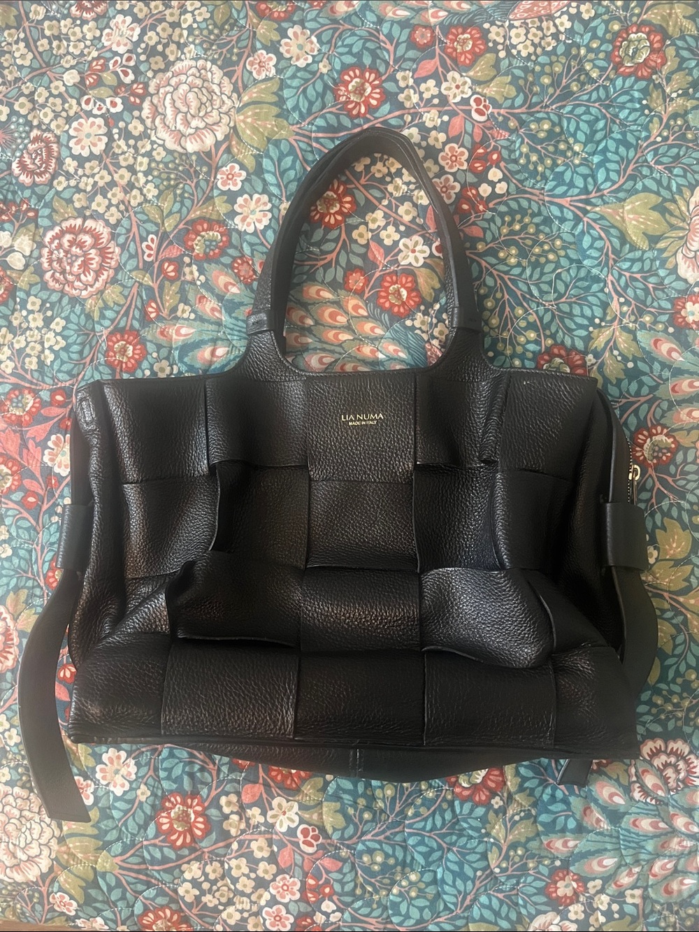 Lia Numa Black Woven Tote Bag with Top Handles
